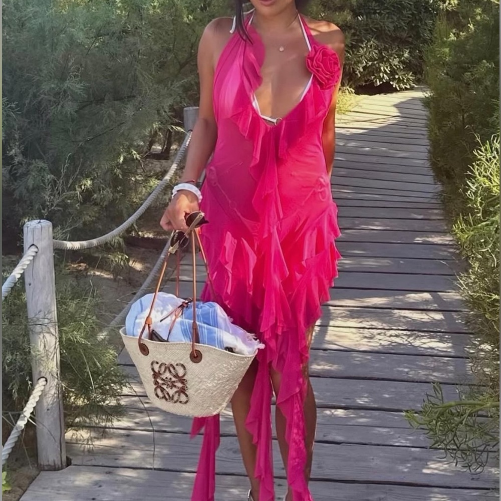 Pink Ruffled Halter Dress